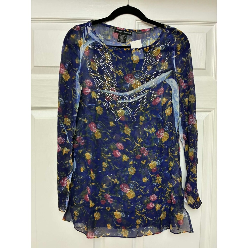 Simply Irresistible Sheer Floral Blouse Blue‎ Long Sleeve Rhinestone Top Medium